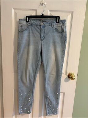 Light Blue Skinny Fit Jeans with Pearl Detail, 25” inseam